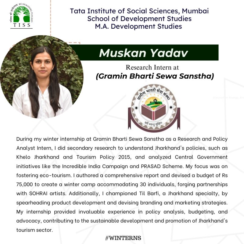 Muskan Yadav from TISS Mumbai Development Studies completing his internship during Winter'23 at Gramin Bharti Sewa Sanstha